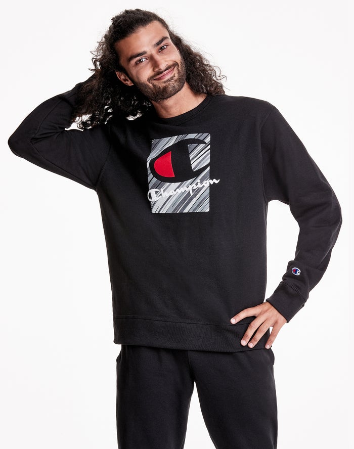 Champion Powerblend Fleece Crew Inset Rectangle Logo  Black Sweatshirt Mens - South Africa HPKOYV249